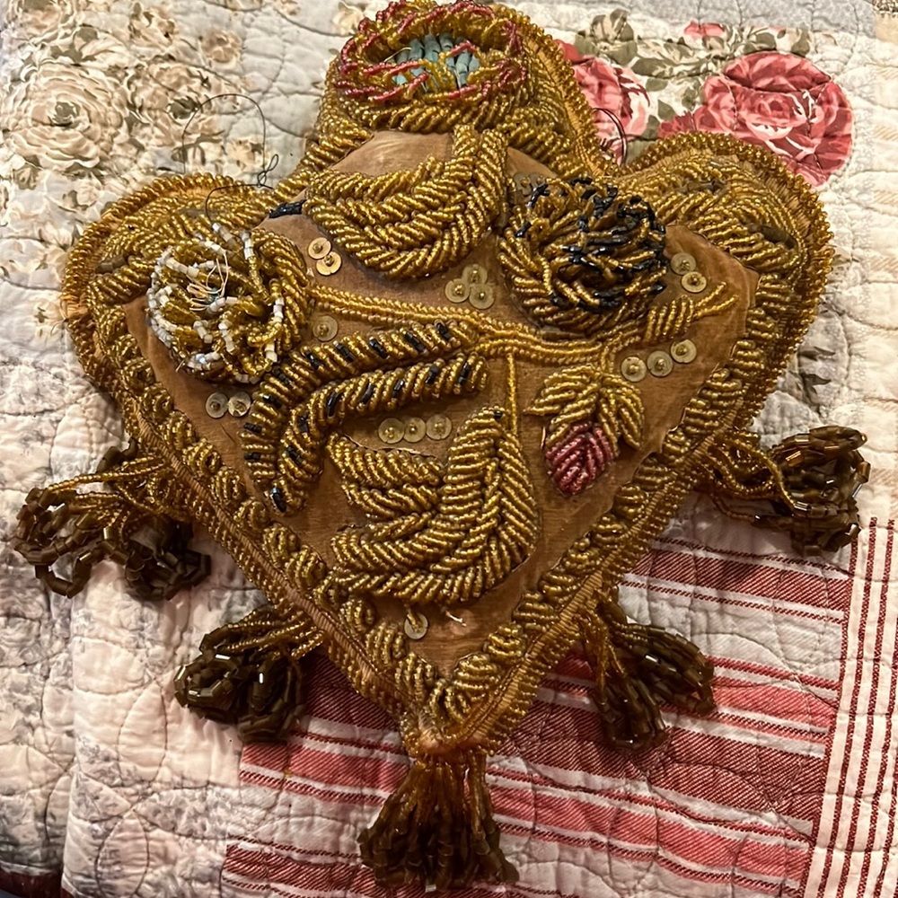 Antique hand beaded sewn Victorian whimsy heart pillow 11” w by 12” t
